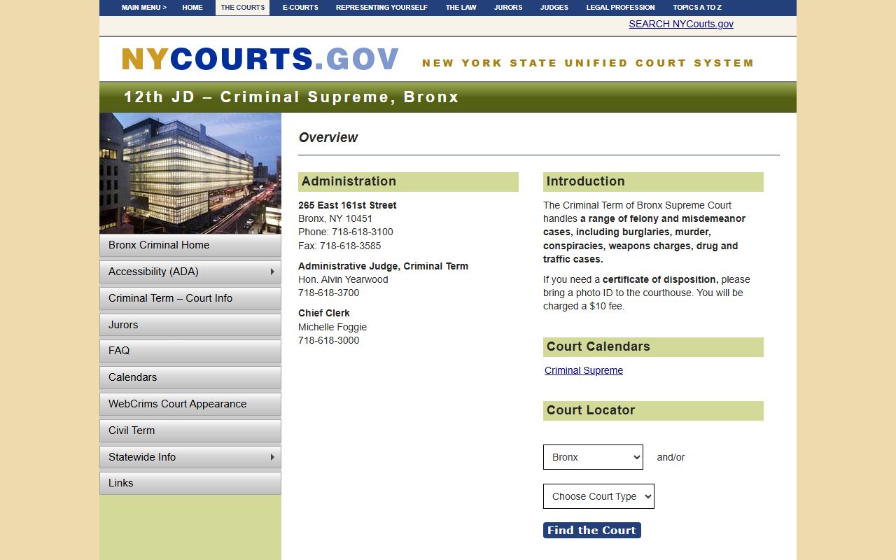 Bronx County Criminal Term court information page for criminal records