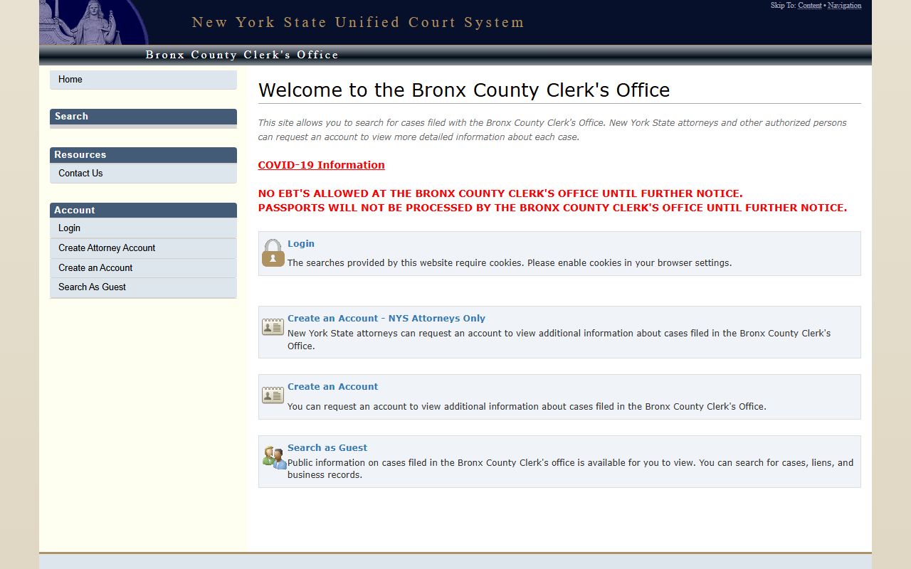 Bronx County case search system for criminal records