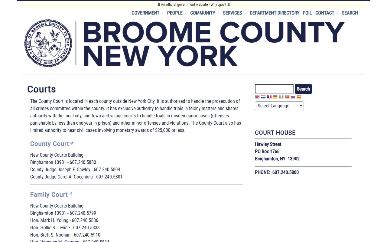 Broome County courts information page for criminal records