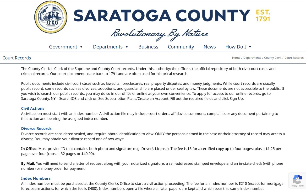 Saratoga County court records page for criminal record searches