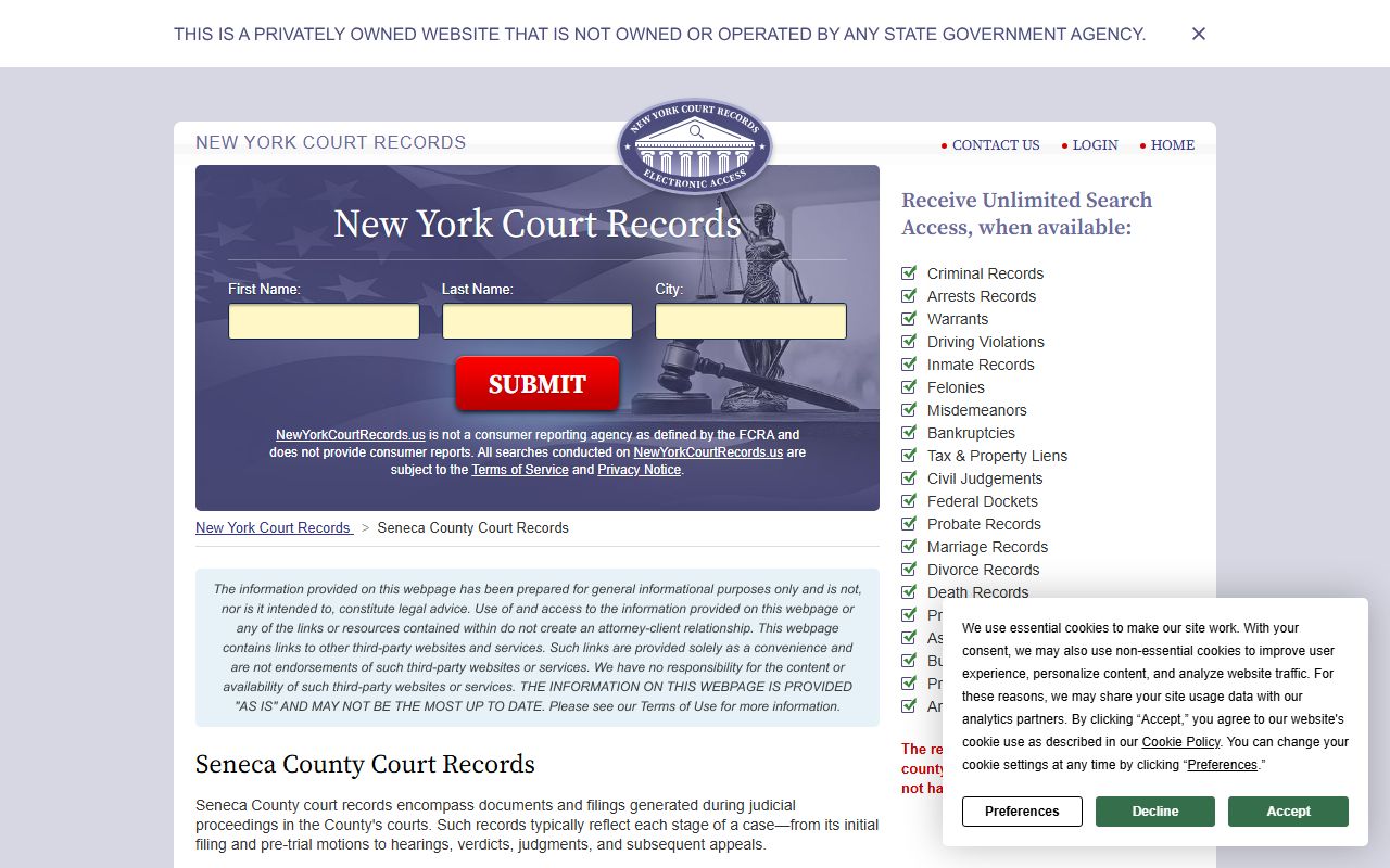 Seneca County court records search portal for criminal records