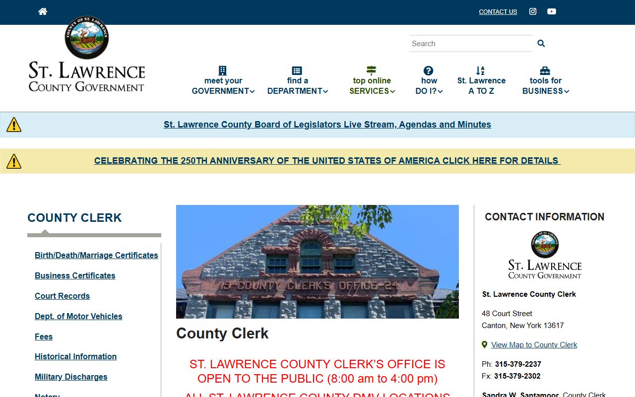 St. Lawrence County Clerk website for searching criminal records in Canton NY