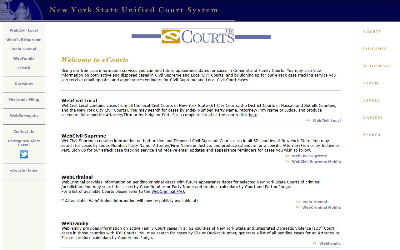 New York eCourts portal for searching Kings County criminal records
